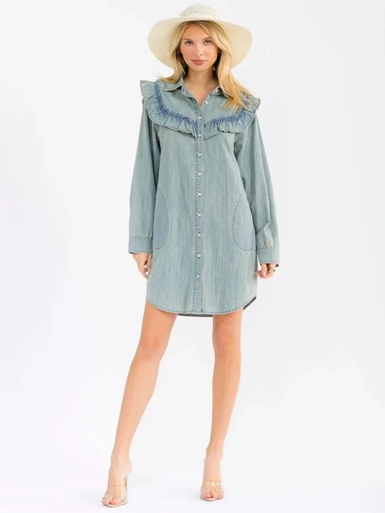 119 • Western CowGirl Denim Ruffle Shirt Dress | Washed Distressed Denim Dress - Picture 2 of 5